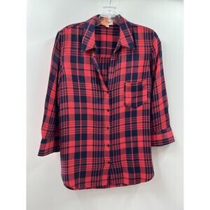 L'Agence Women’s 3/4 Sleeve Red Navy Plaid Ryan Button Up Blouse Size Small
